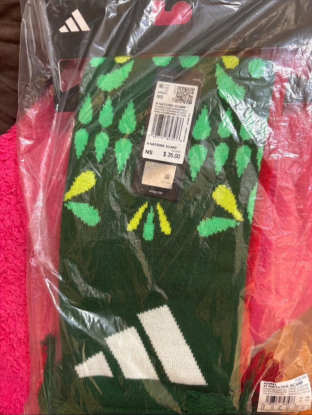 adidas Green Scarf with White Logo and Yellow-Green Accents US Open Scarf. New